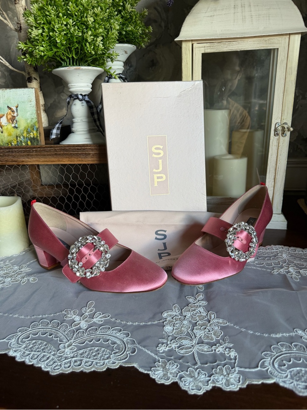 SJP by Sarah Jessica Parker Women's Cosette Mary Jane Block Heel Pink Satin 37.5